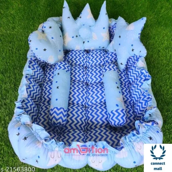 Pink Unique Newborn Baby Round Tub Bedding Set, Reversible Bed Set Cum Mattress with 3 Multi Shape Pillows for Newborn to Toddlers ( Blue& Sky Blue) - Blue & Sky Blue